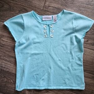 Liz Claiborne 90s Seashell Floral Embroidered Keyhole Short Sleeve Top Size L